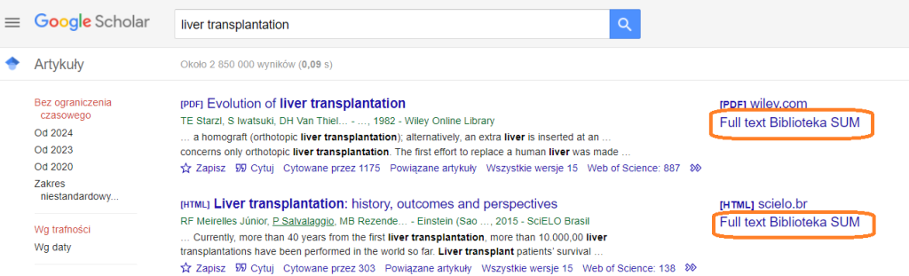 Przykład wyszukiwania terminu "liver transplantation" w wyszukiwarce Google Scholar z oznaczonymi linkami do pełnych tekstów dostępnych w Bibliotece ŚUM