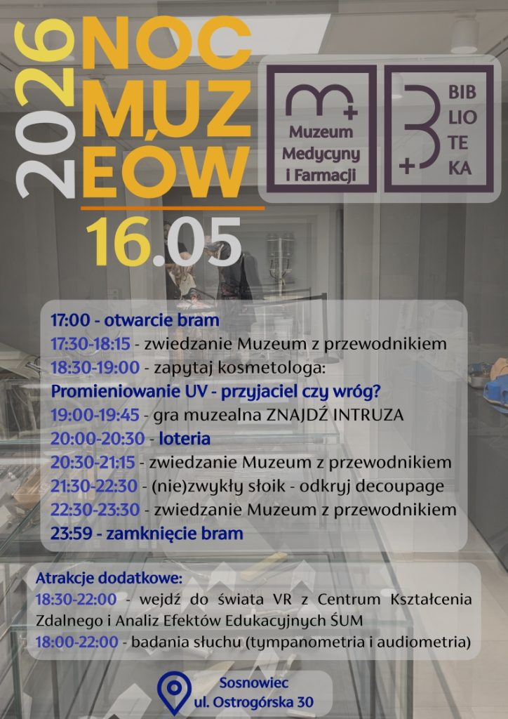 Plakat prezentujący harmonogram Nocy Muzeów 16.05.2026 r. w Muzeum Medycyny i Farmacji ŚUM